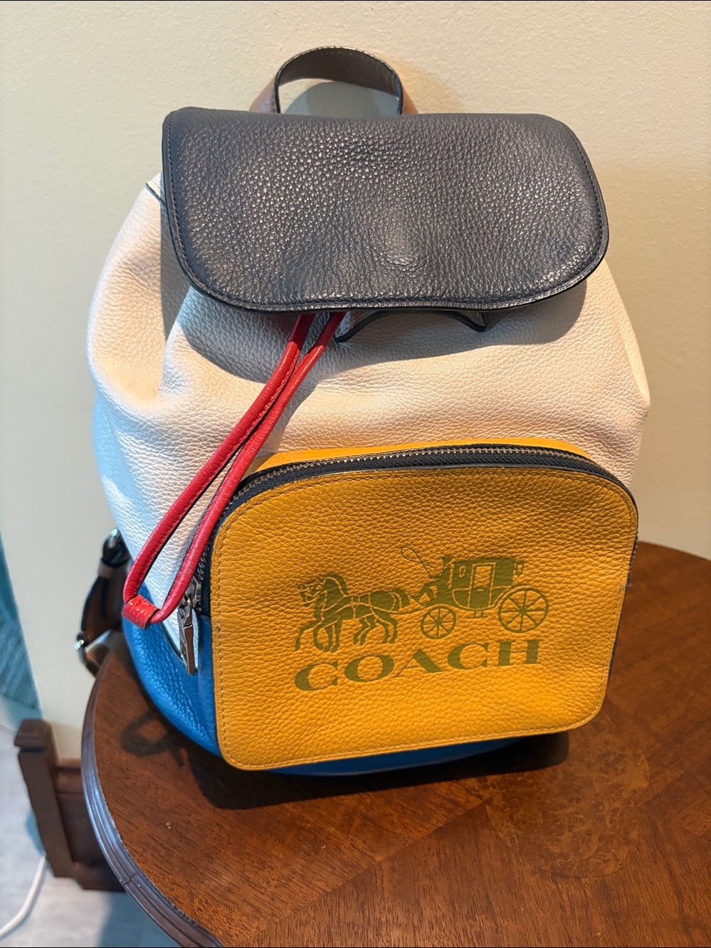 Coach Colorblock Backpack pebbled Leather iNavy royal blue Cream Tan & goldenrod